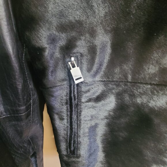 ZARA MEN COWHIDE LEATHER W FAUX FUR JACKET ZIPPERED  BLACK W RED COLLAR 42 L - Picture 3 of 5